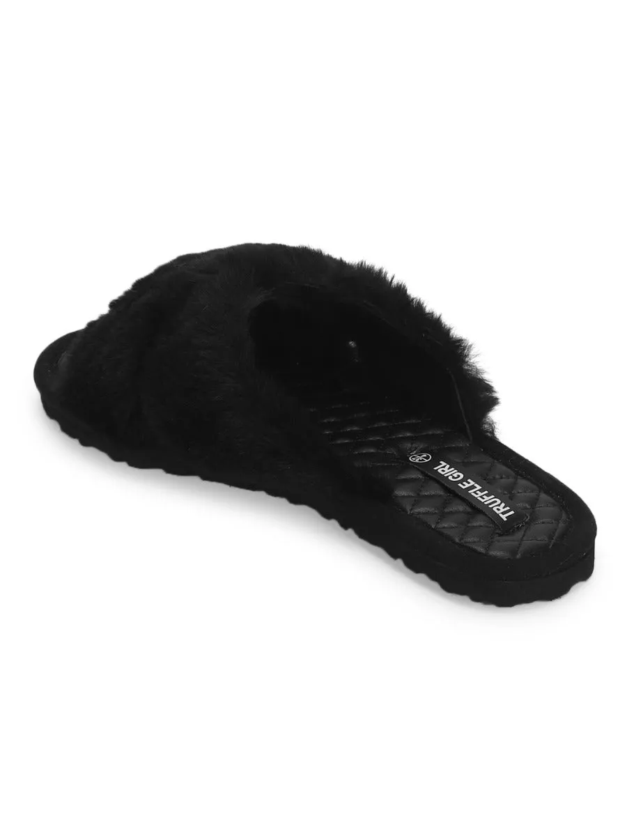 Black Fuzzy Fur Slippers