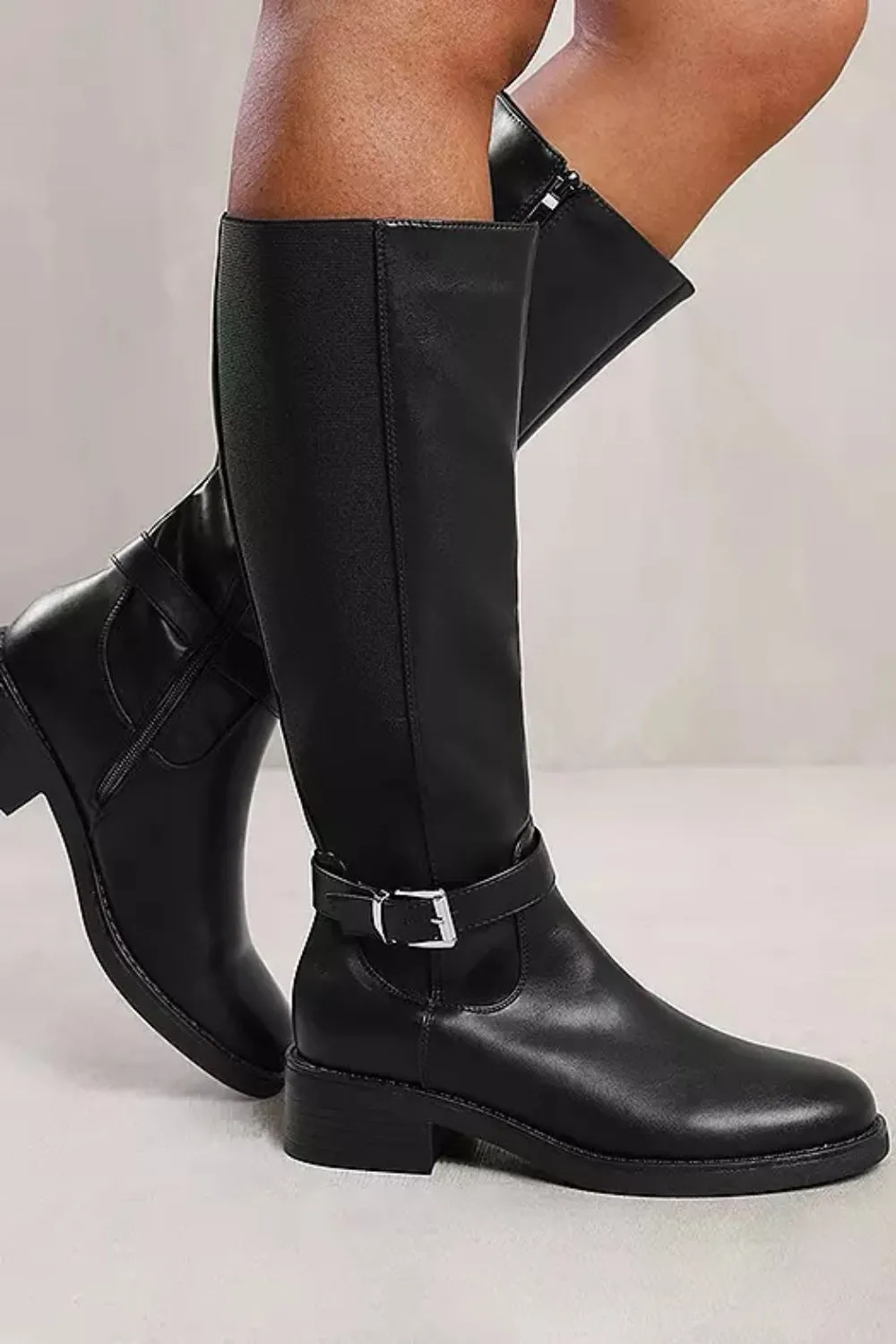 BLACK PU KNEE HIGH ELASTICATED STRETCH BOOT