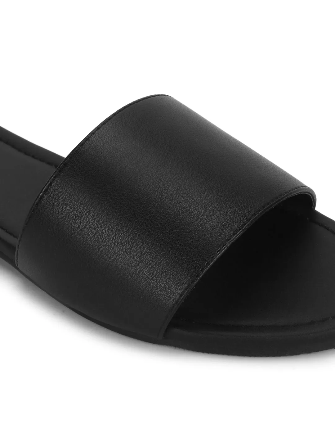 Black PU Slide on Flat Sandals