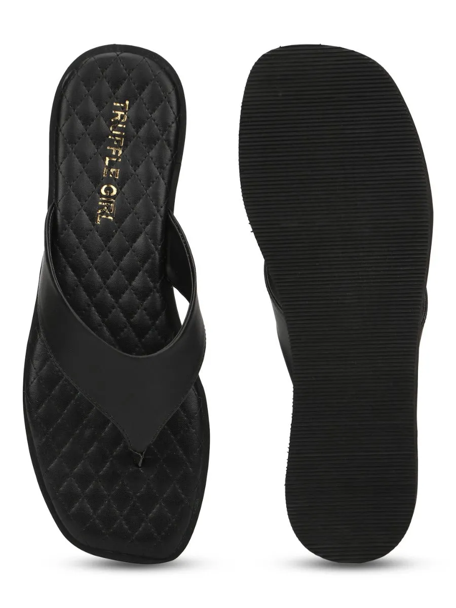 Black PU Wide Strap Flip Flops