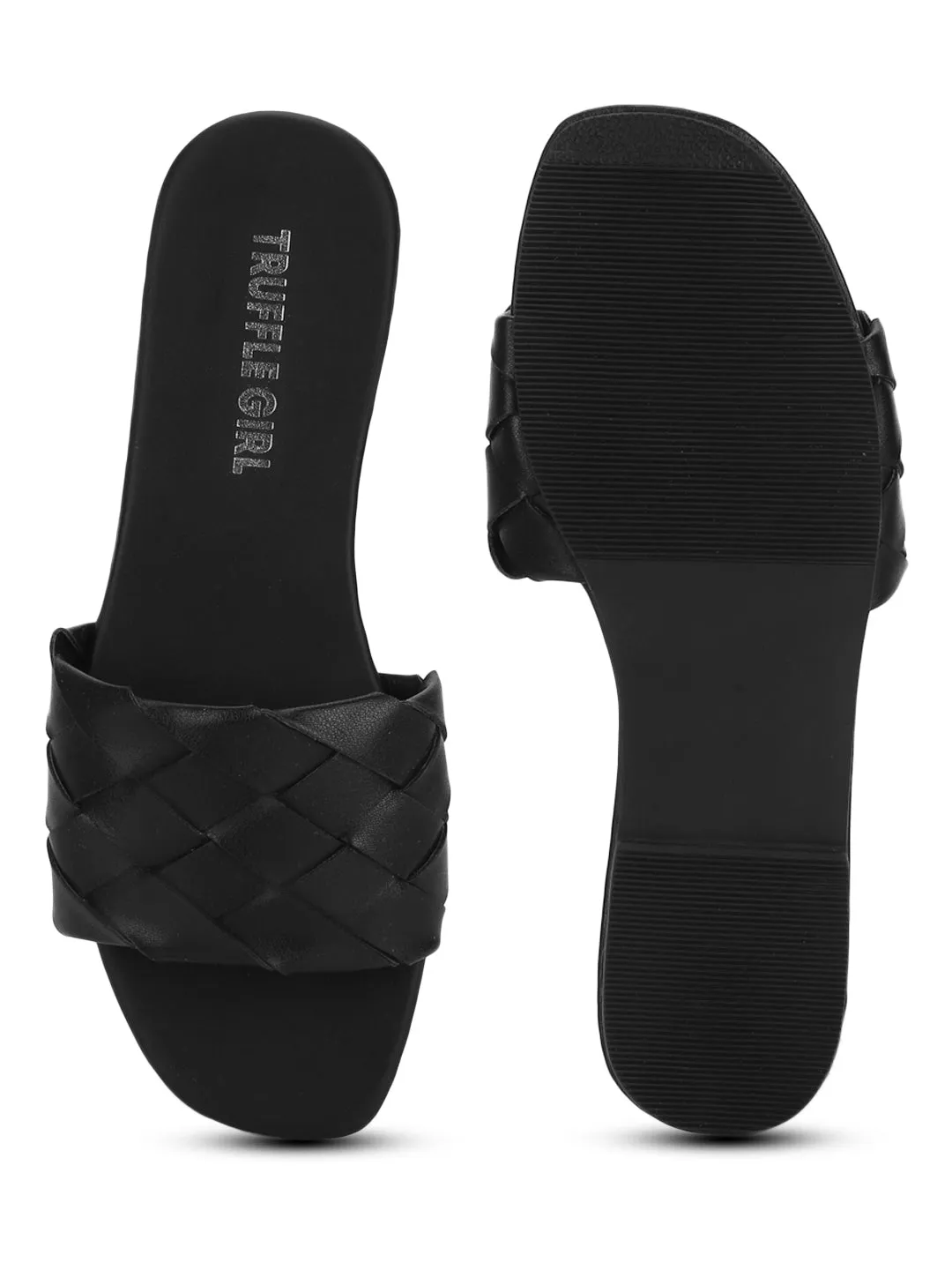 Black PU Woven Slide On Flat Sandals