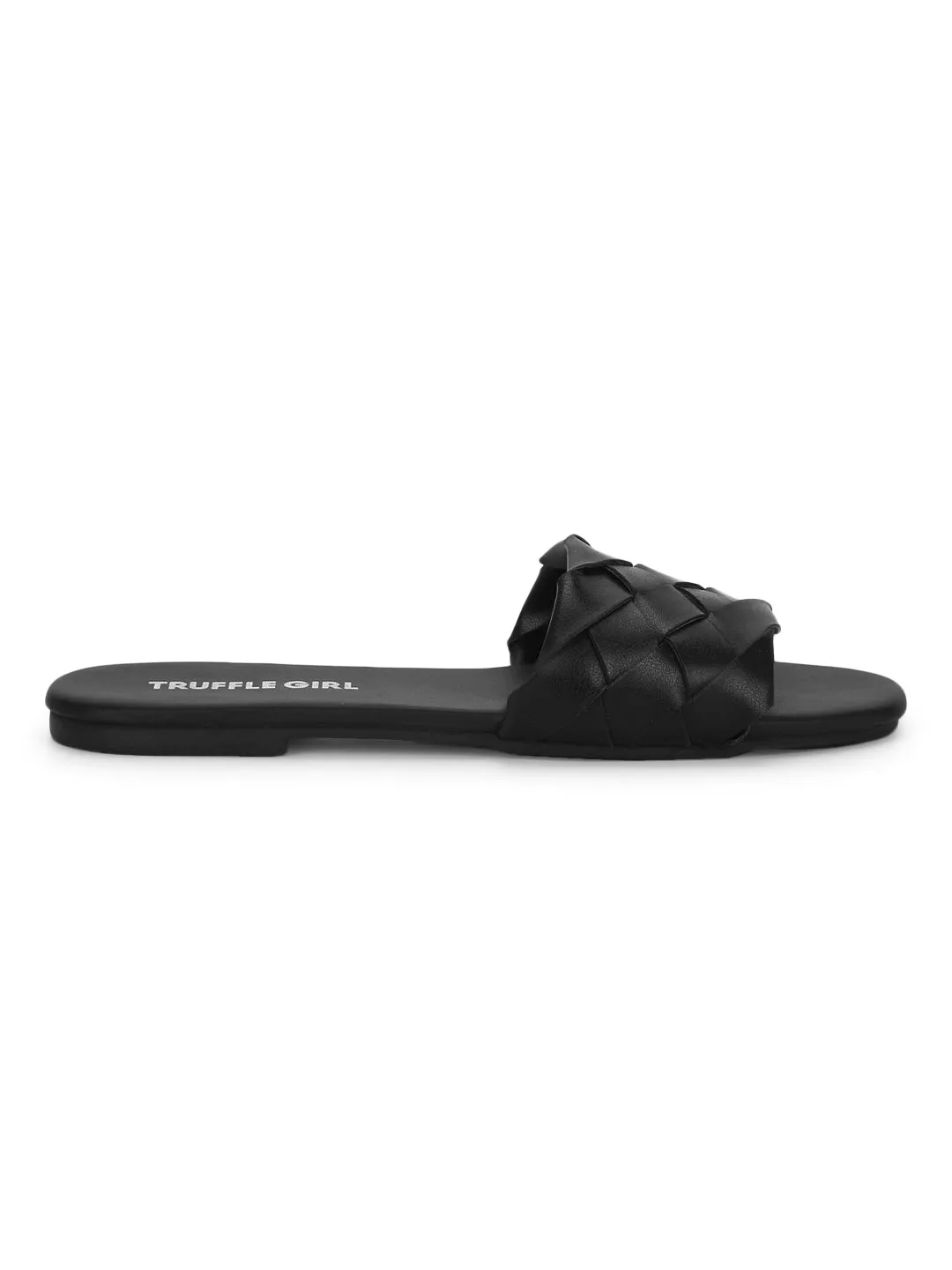 Black PU Woven Slide On Flat Sandals