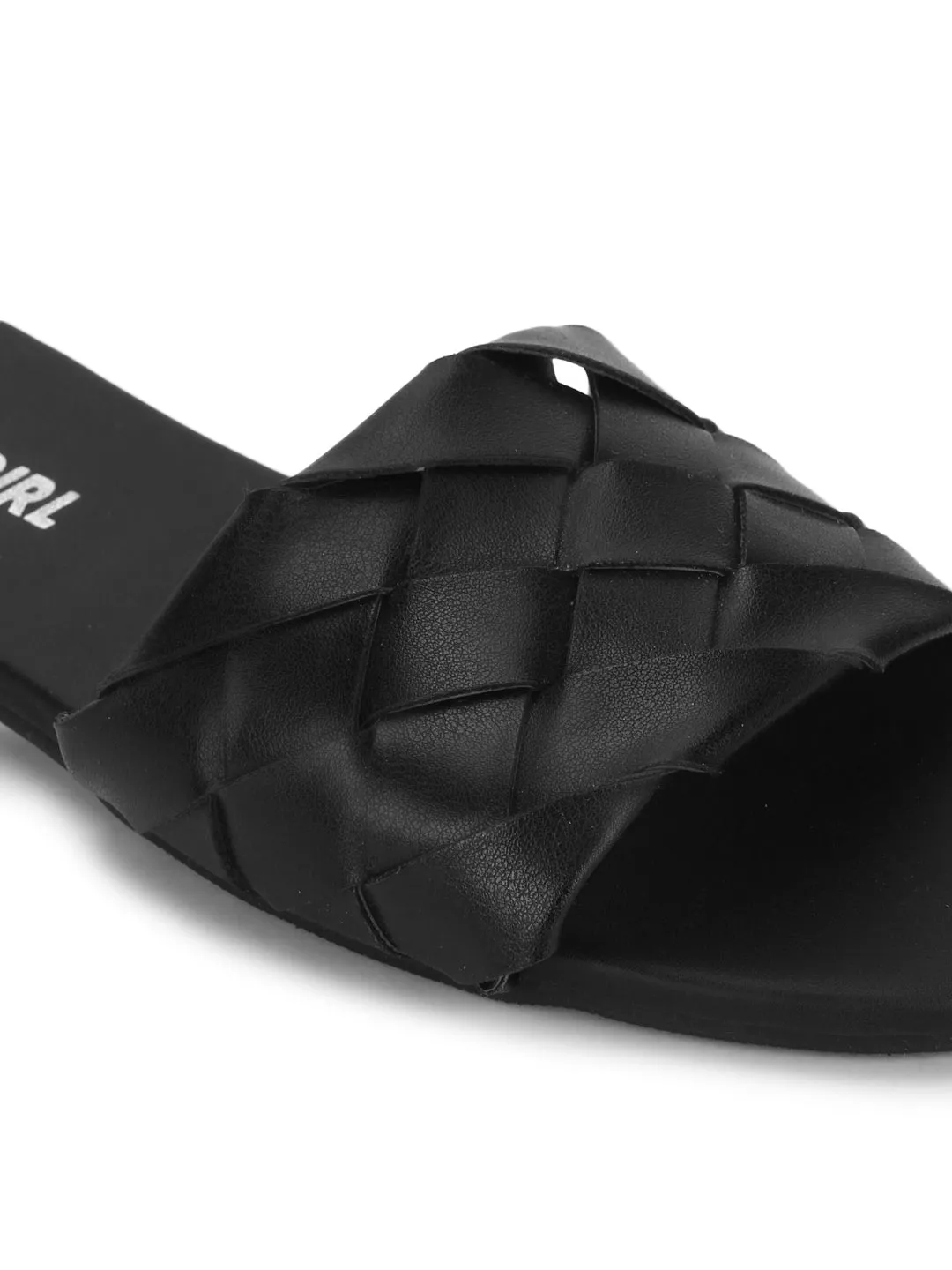 Black PU Woven Slide On Flat Sandals