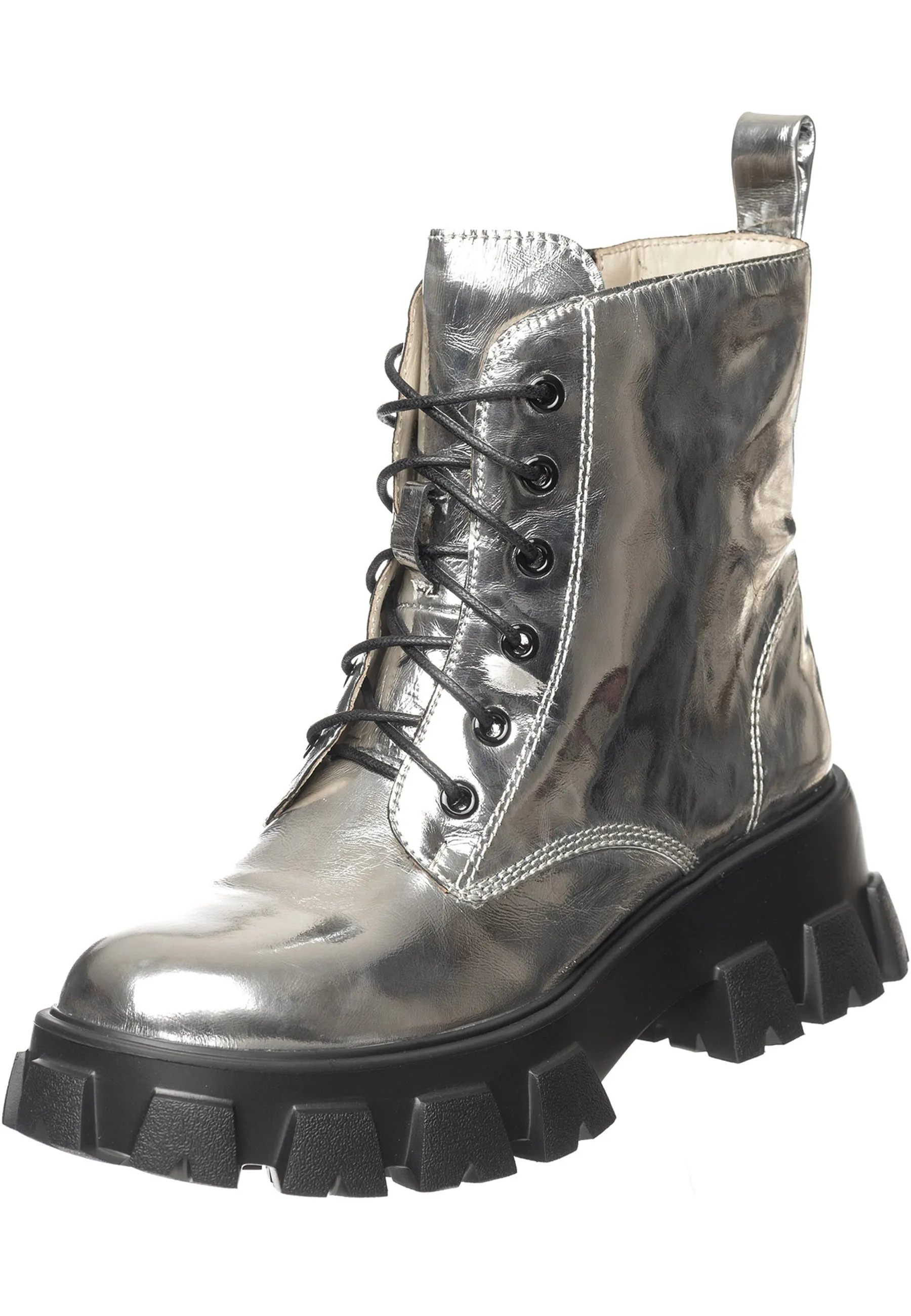 Glossy Chunky Combat Boots - Silver