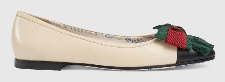 Leather Ballet Flat with Web Bow - White or Blue