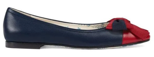 Leather Ballet Flat with Web Bow - White or Blue