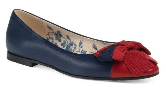 Leather Ballet Flat with Web Bow - White or Blue