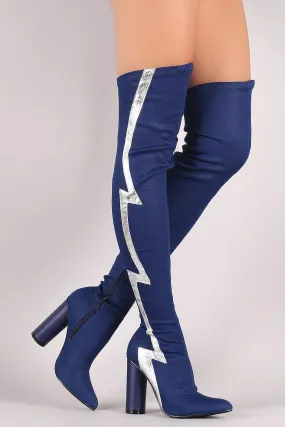 Lightning Bolt Round Heeled Over-The-Knee Denim Boots