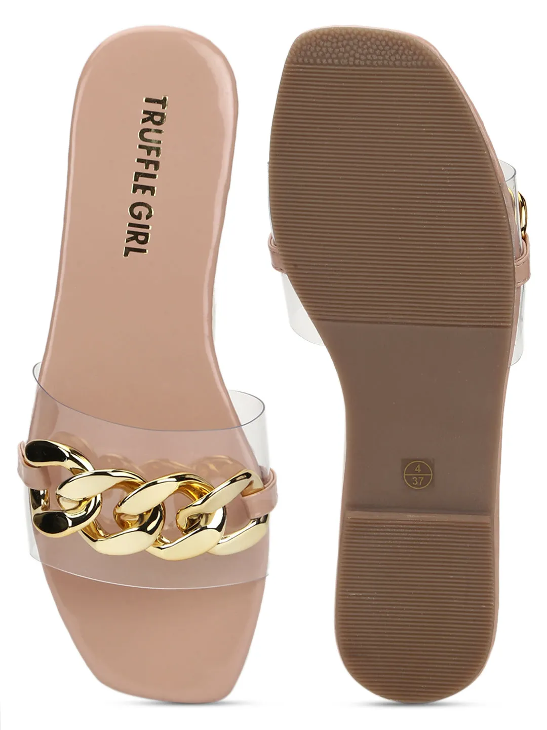 Nude PU Gold Chain Slides