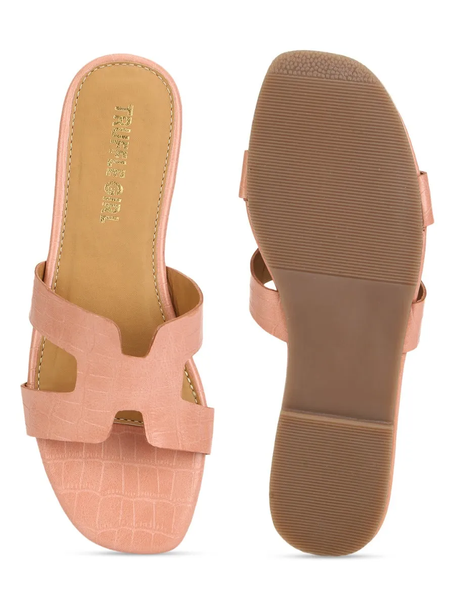 Pink Nude Croc PU Slip On Slides