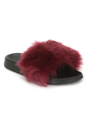 Plum Black Fur Sliders