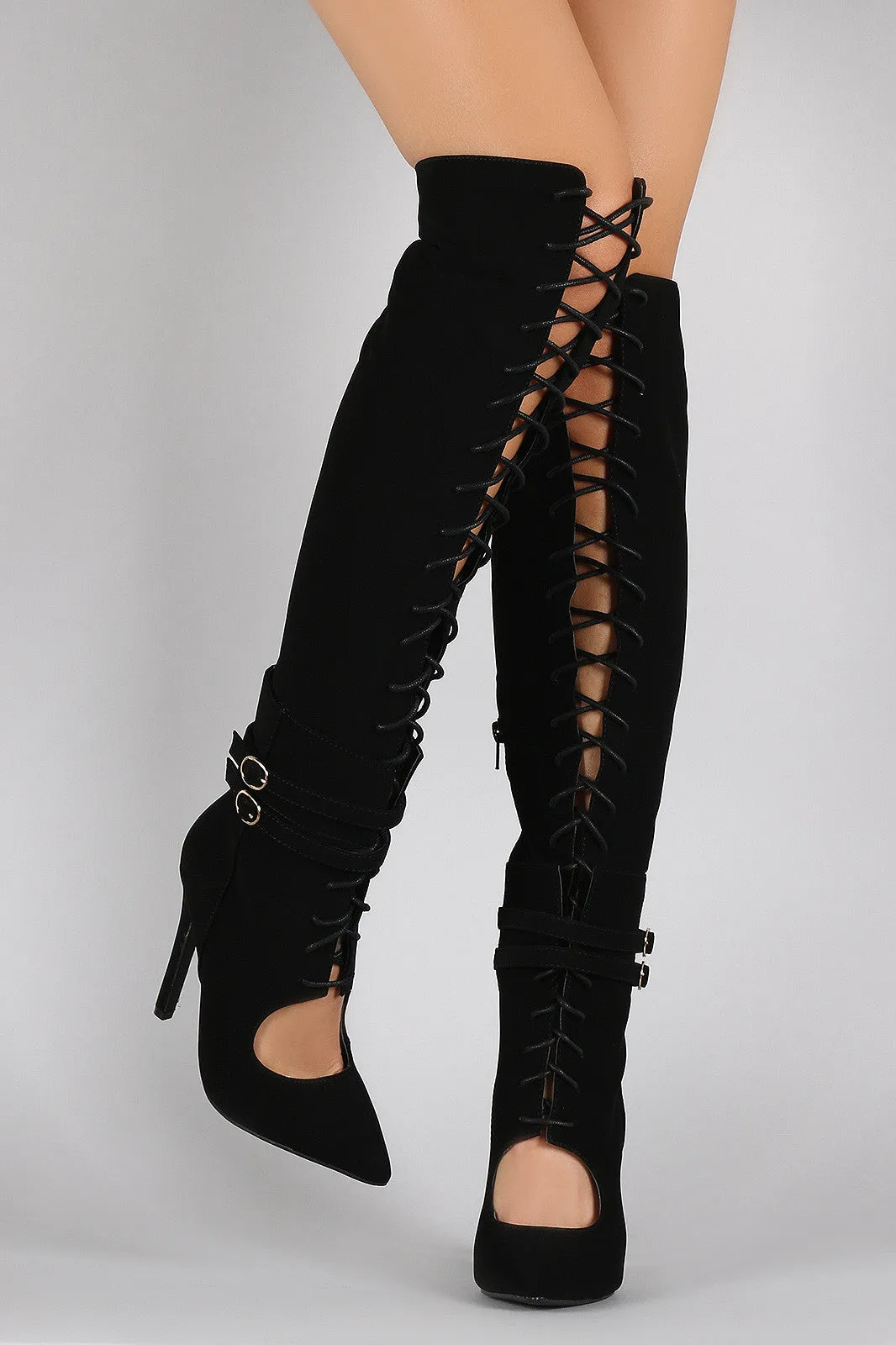 Pointy Toe Double Buckle Wrap Stiletto Boots