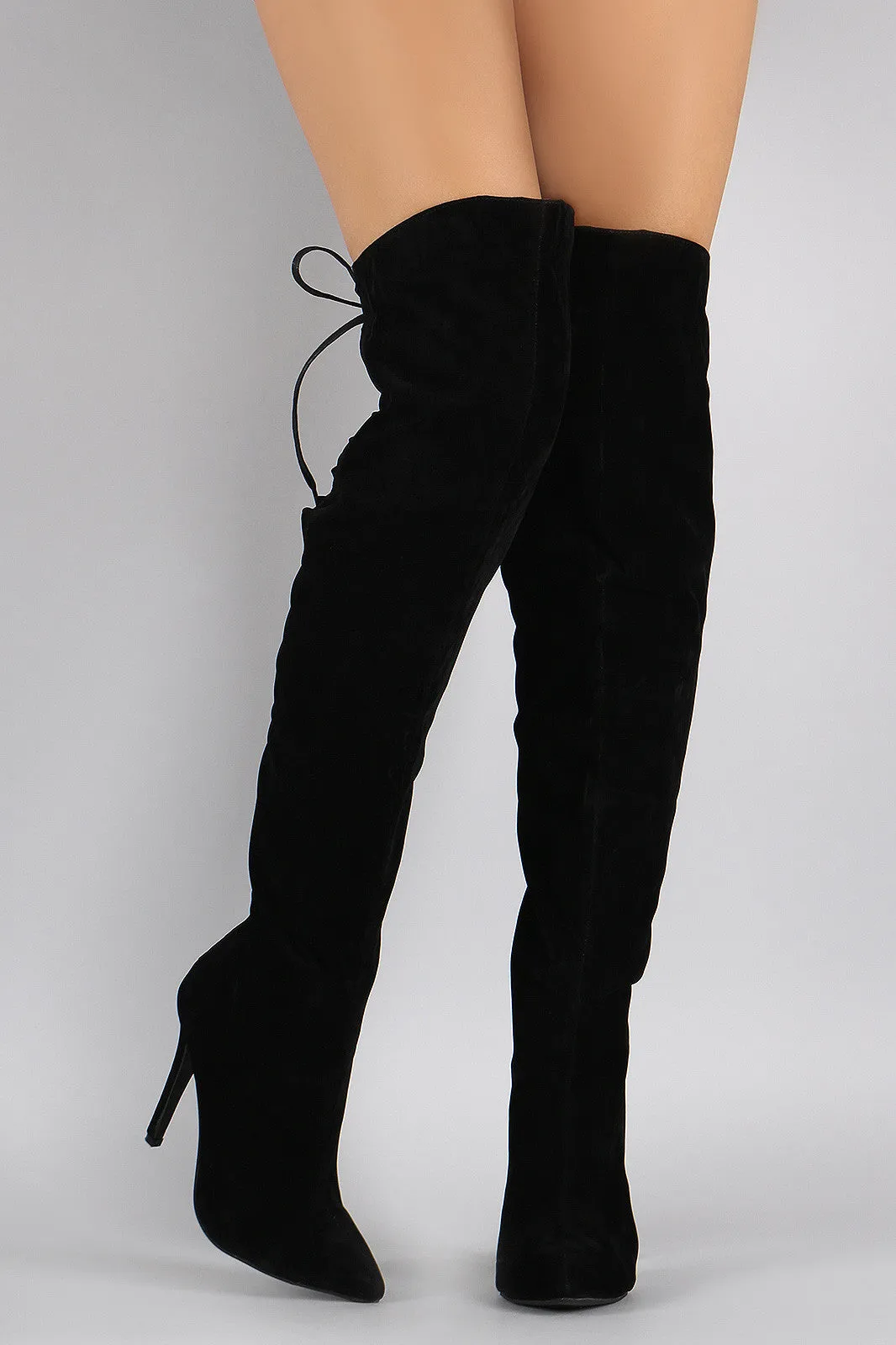 Suede Back Lace Up Pointy Toe Stiletto Over-The-Knee Boots