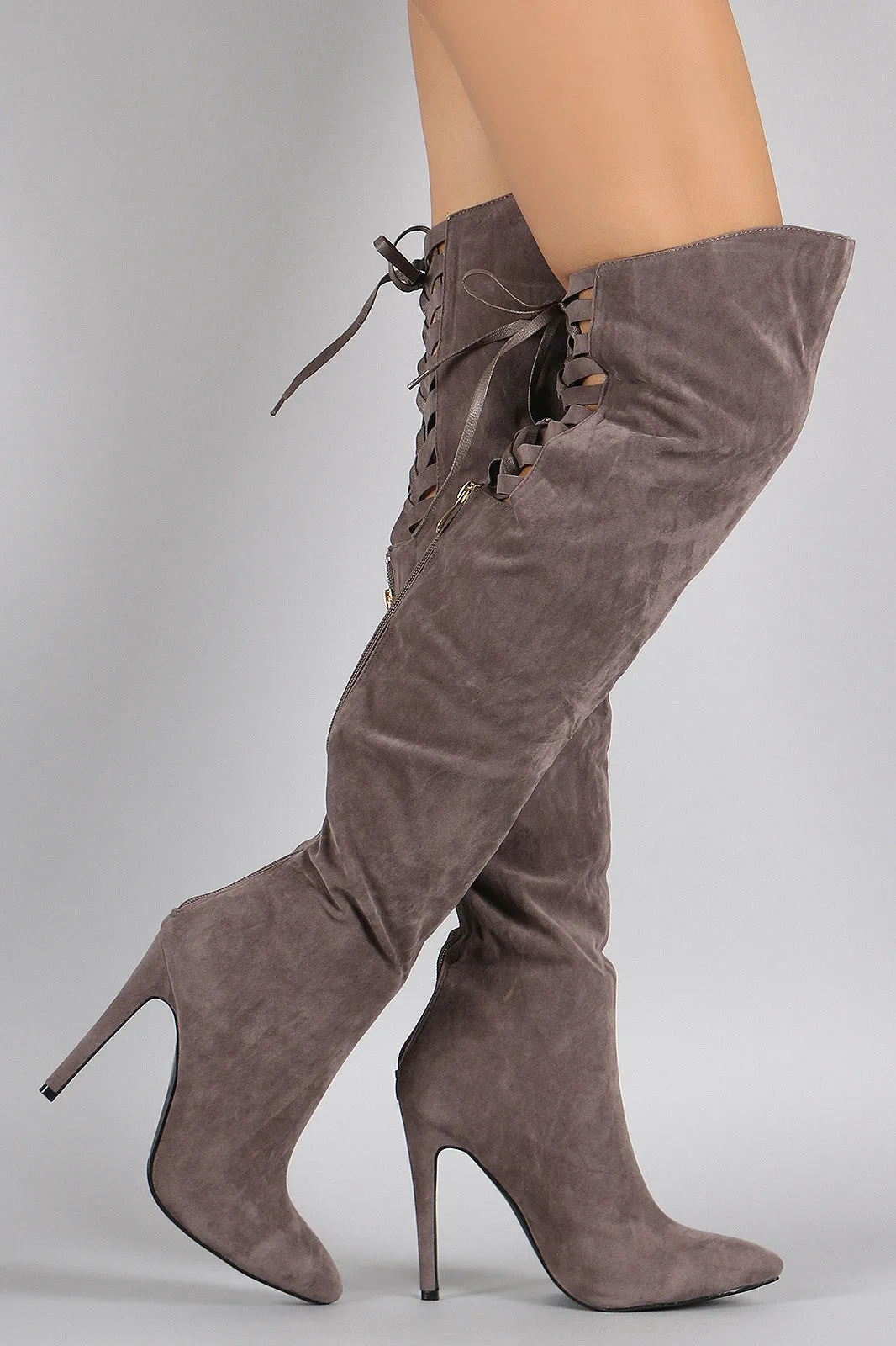 Suede Back Lace Up Pointy Toe Stiletto Over-The-Knee Boots