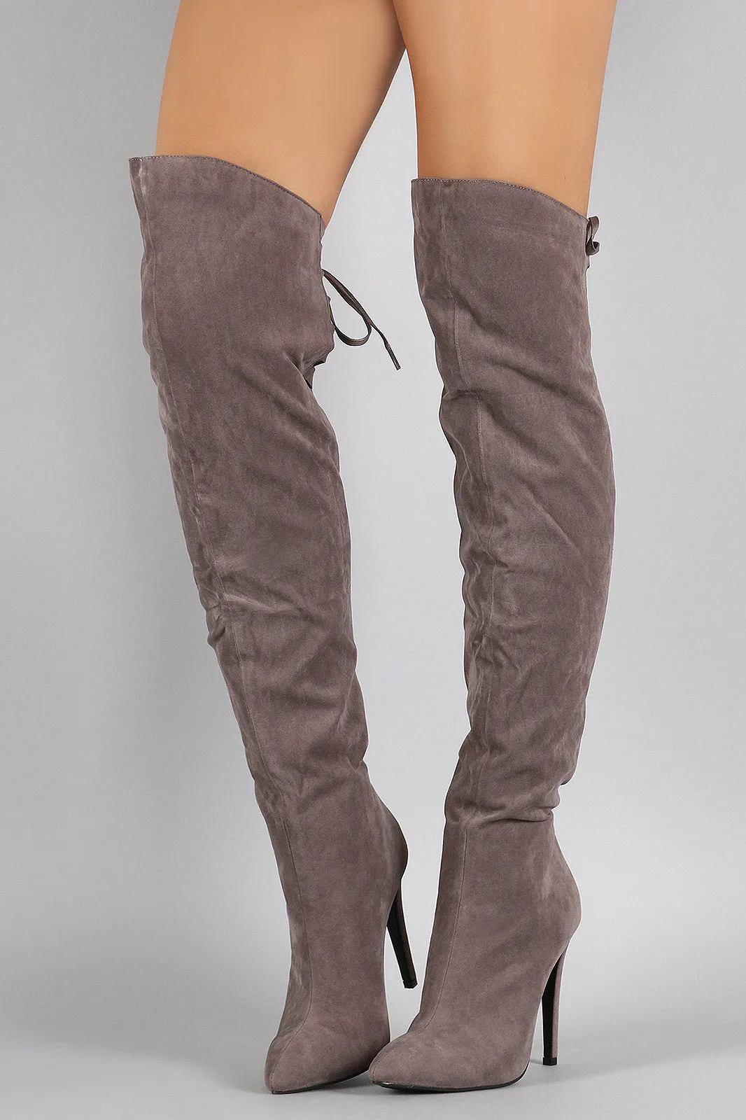 Suede Back Lace Up Pointy Toe Stiletto Over-The-Knee Boots