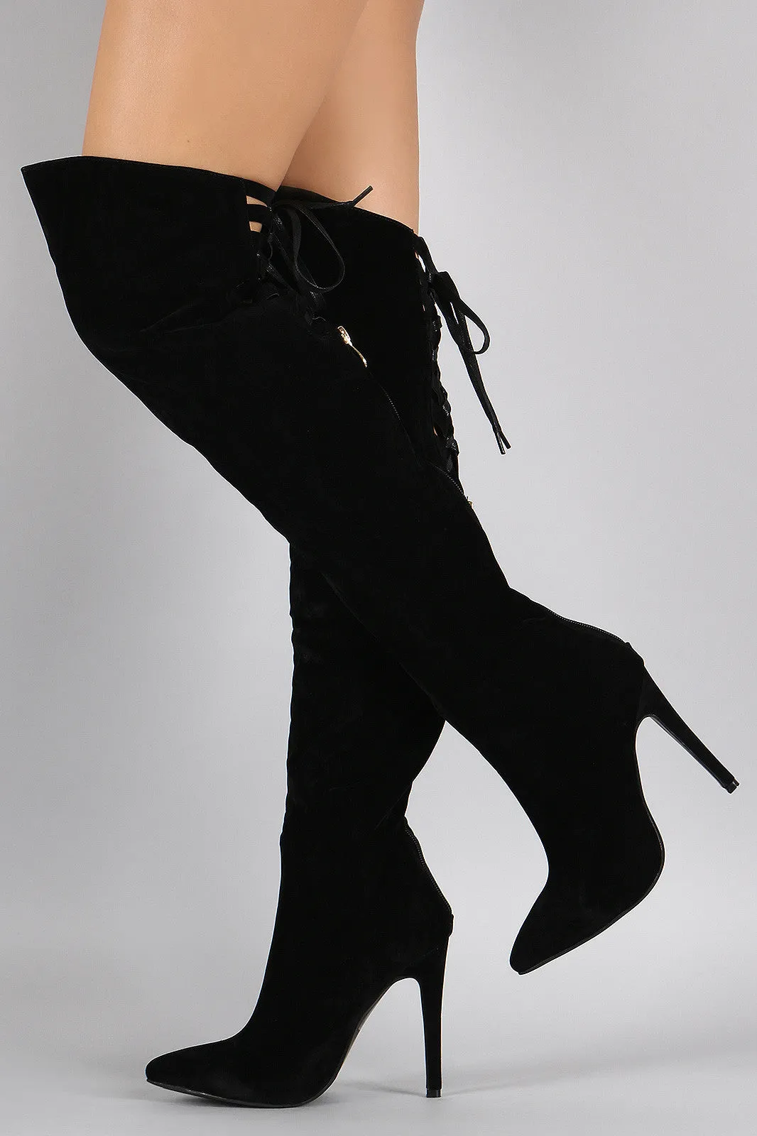 Suede Back Lace Up Pointy Toe Stiletto Over-The-Knee Boots