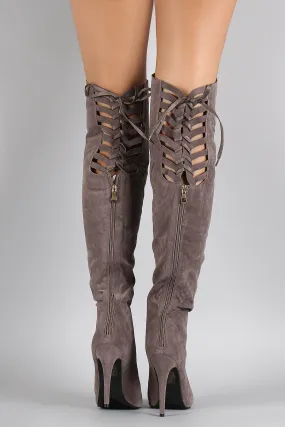 Suede Back Lace Up Pointy Toe Stiletto Over-The-Knee Boots