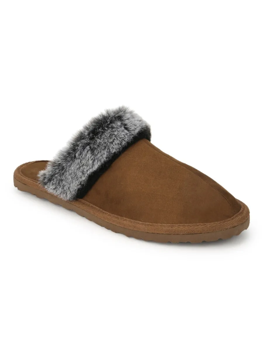 Tan Micro Fuzzy Slippers With Faux Fur