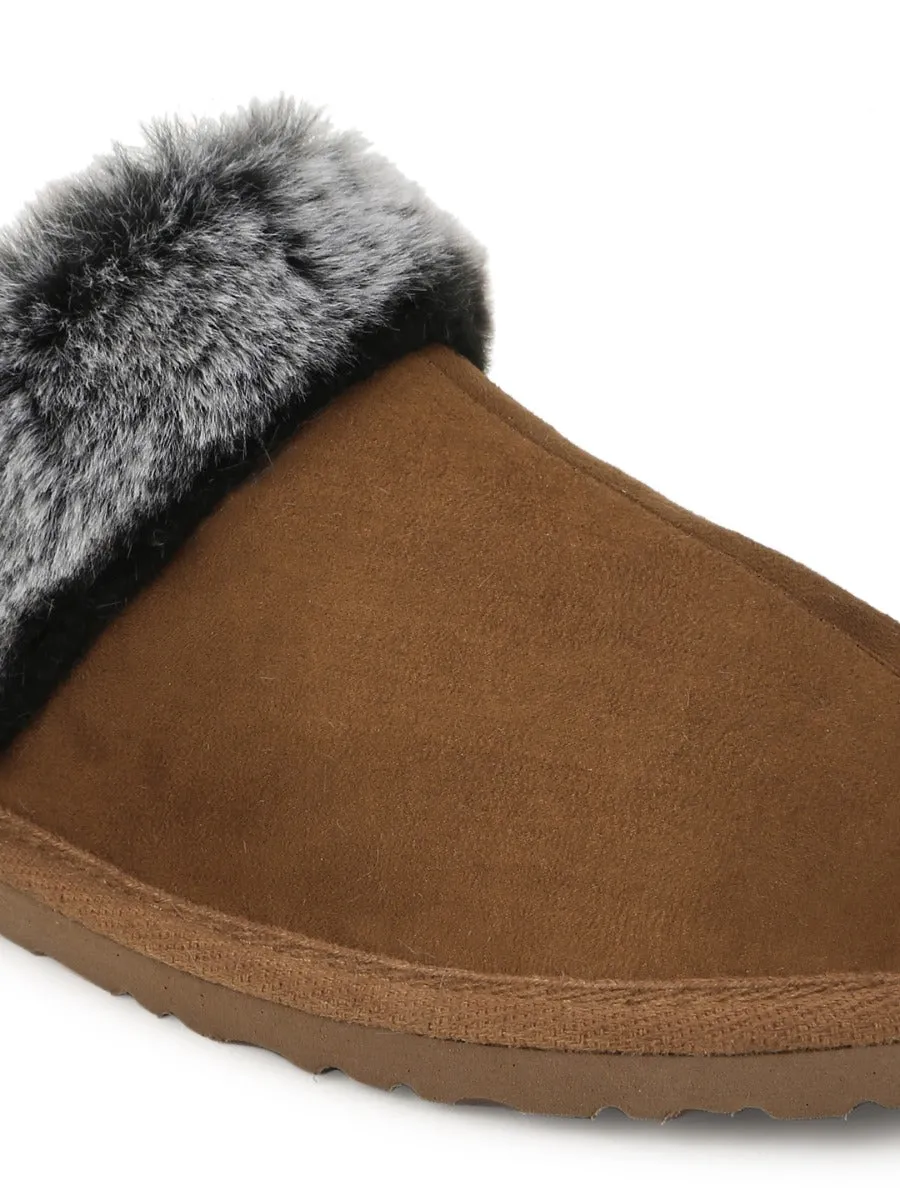 Tan Micro Fuzzy Slippers With Faux Fur