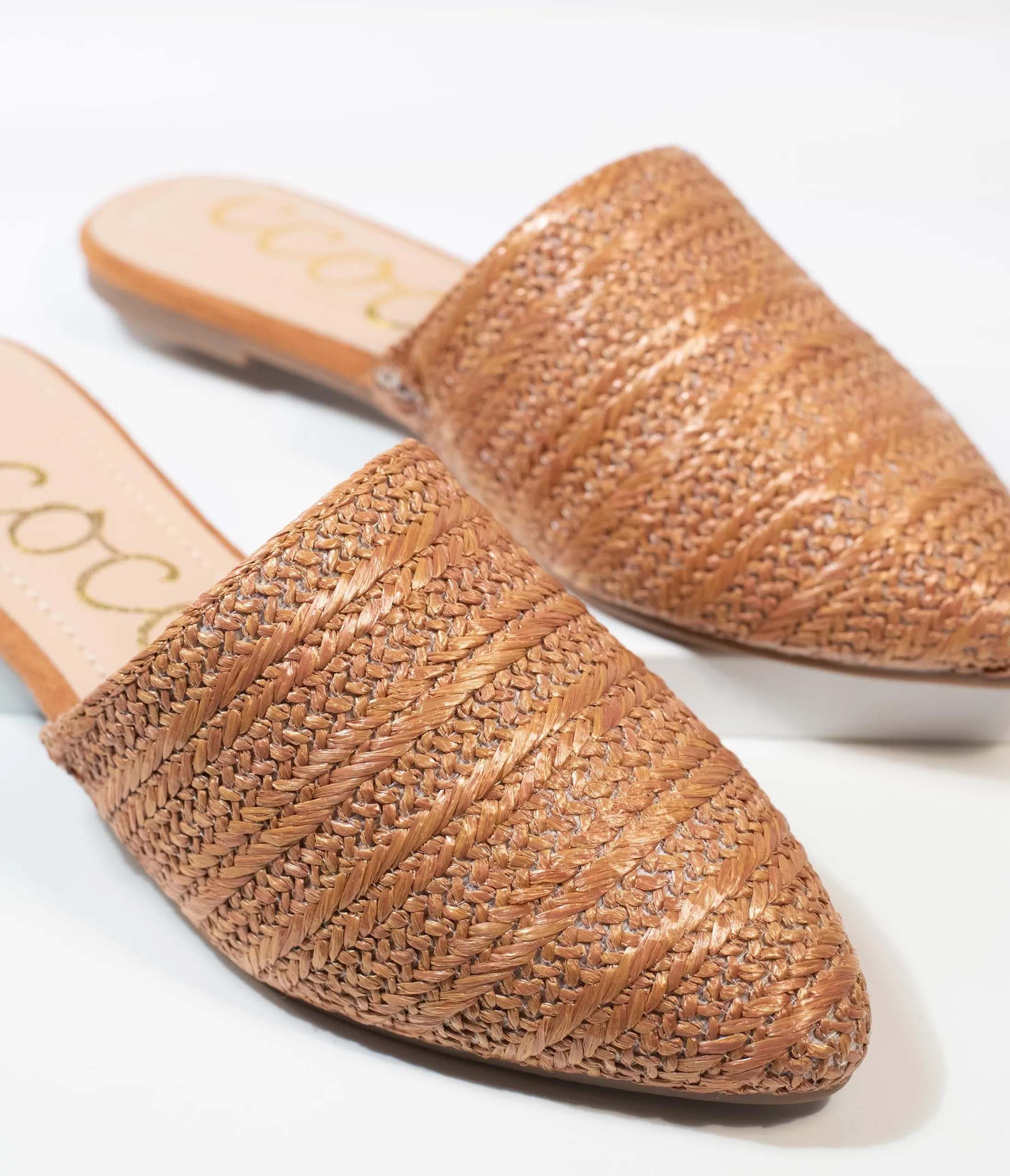 Tan Woven Straw Slip On Mules