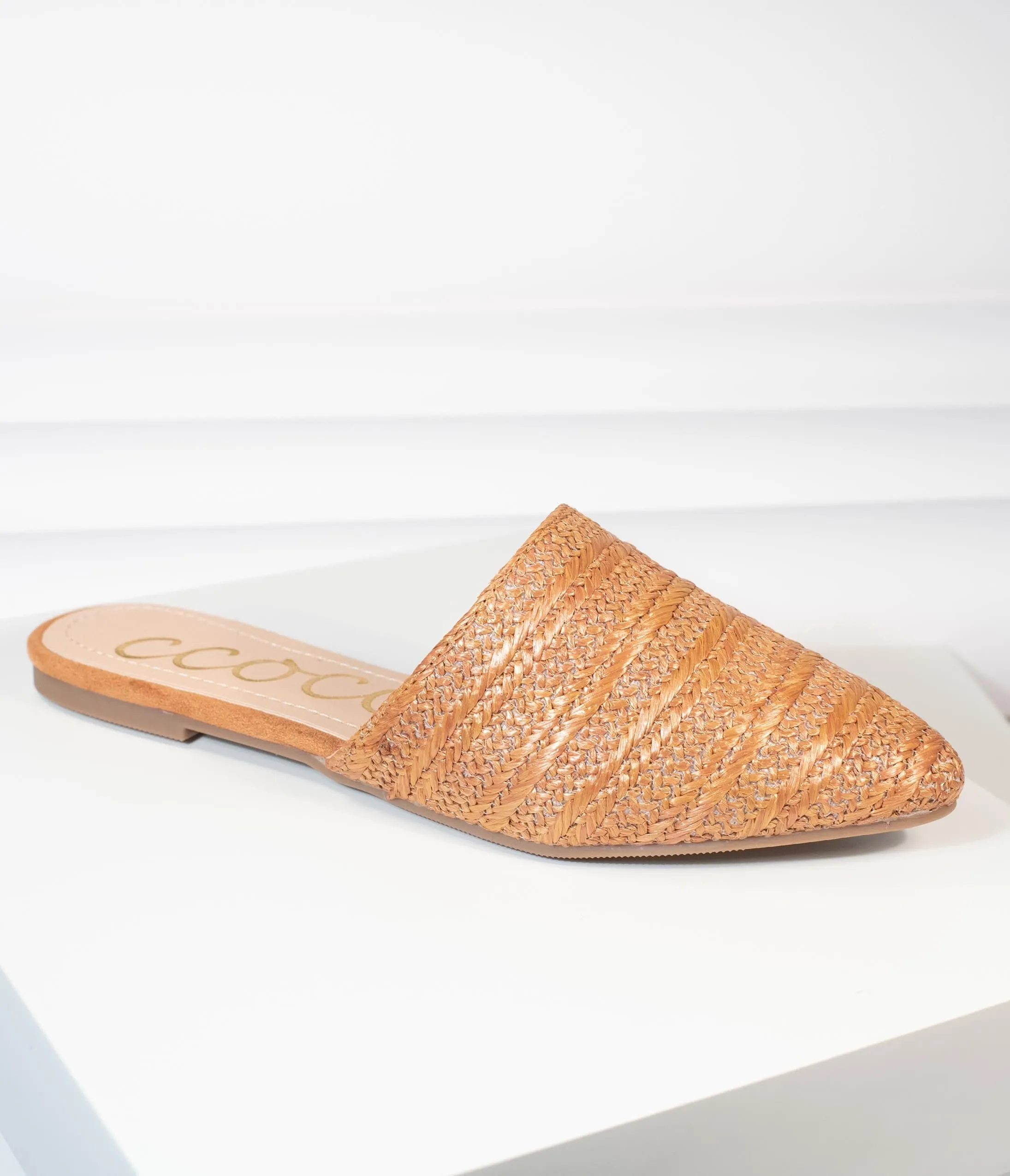 Tan Woven Straw Slip On Mules