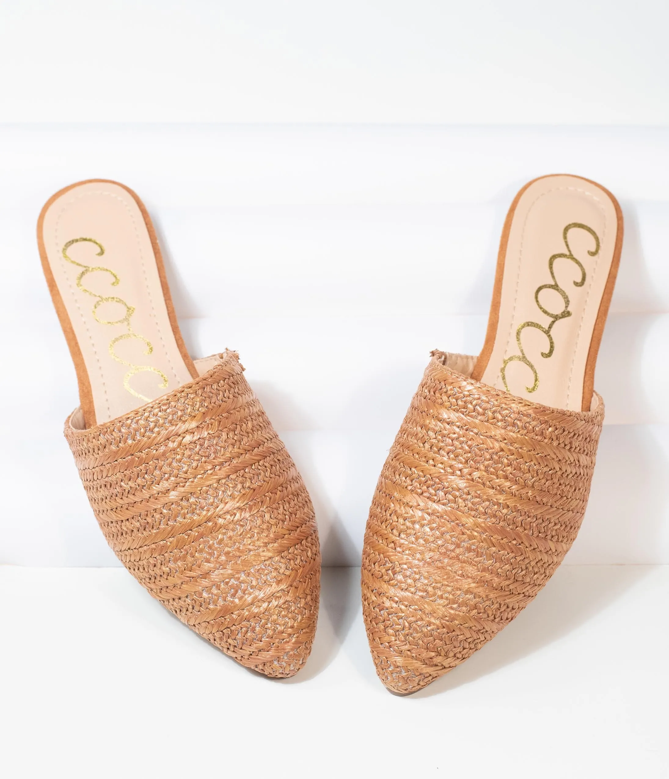 Tan Woven Straw Slip On Mules