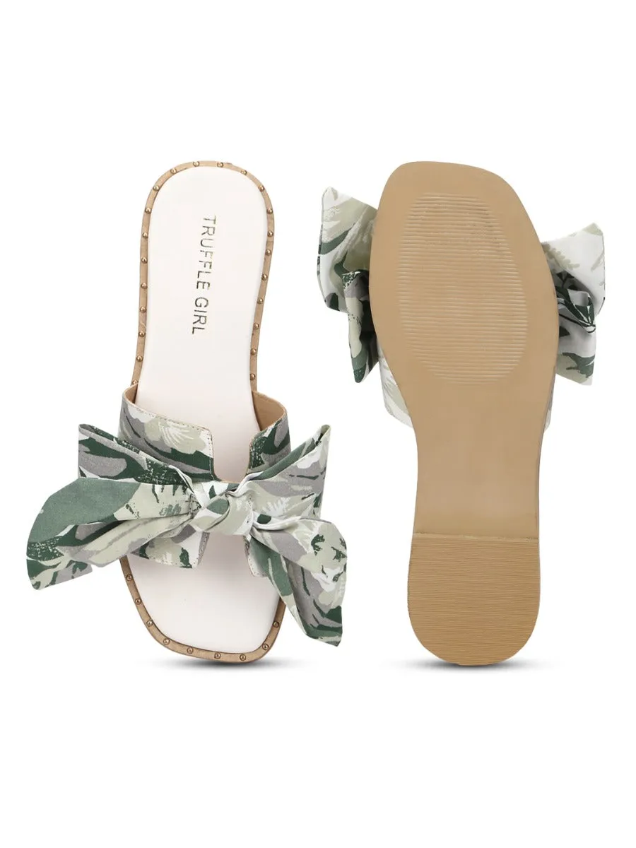 White Green Floral Bow Slip Ons