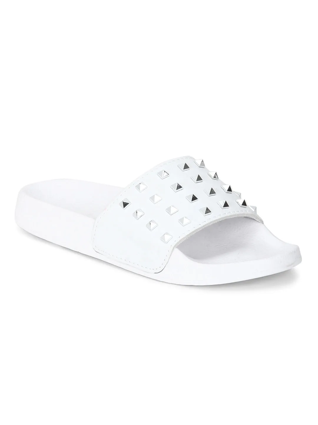 White PU Studded Slip-On Flats