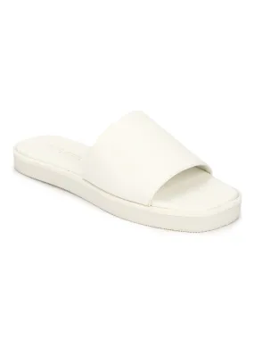 White PU Wide Strap Slides