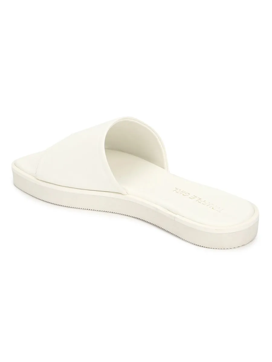 White PU Wide Strap Slides