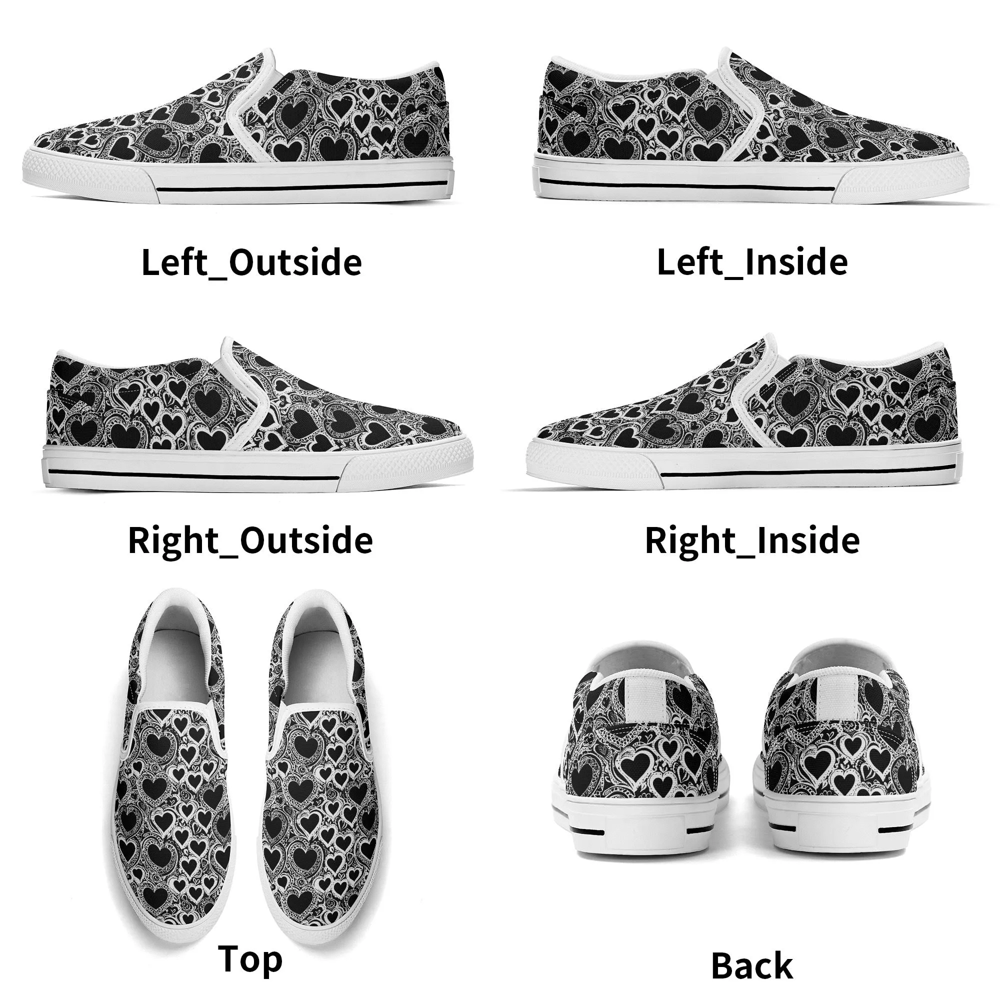 Womens Black and White Groovy Hearts Rubber Slip On Shoes