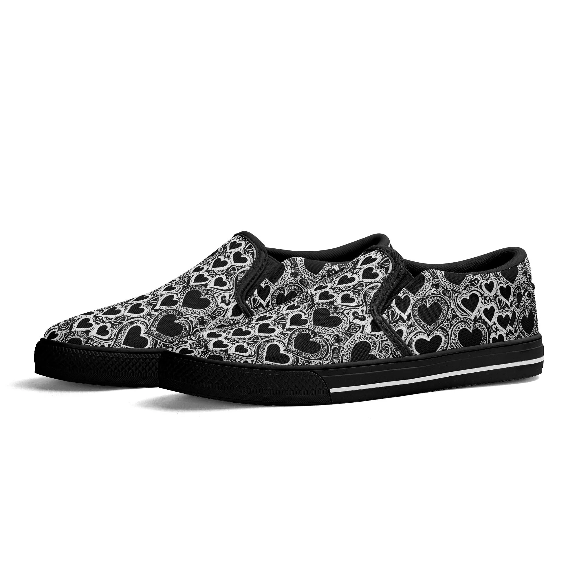 Womens Black and White Groovy Hearts Rubber Slip On Shoes