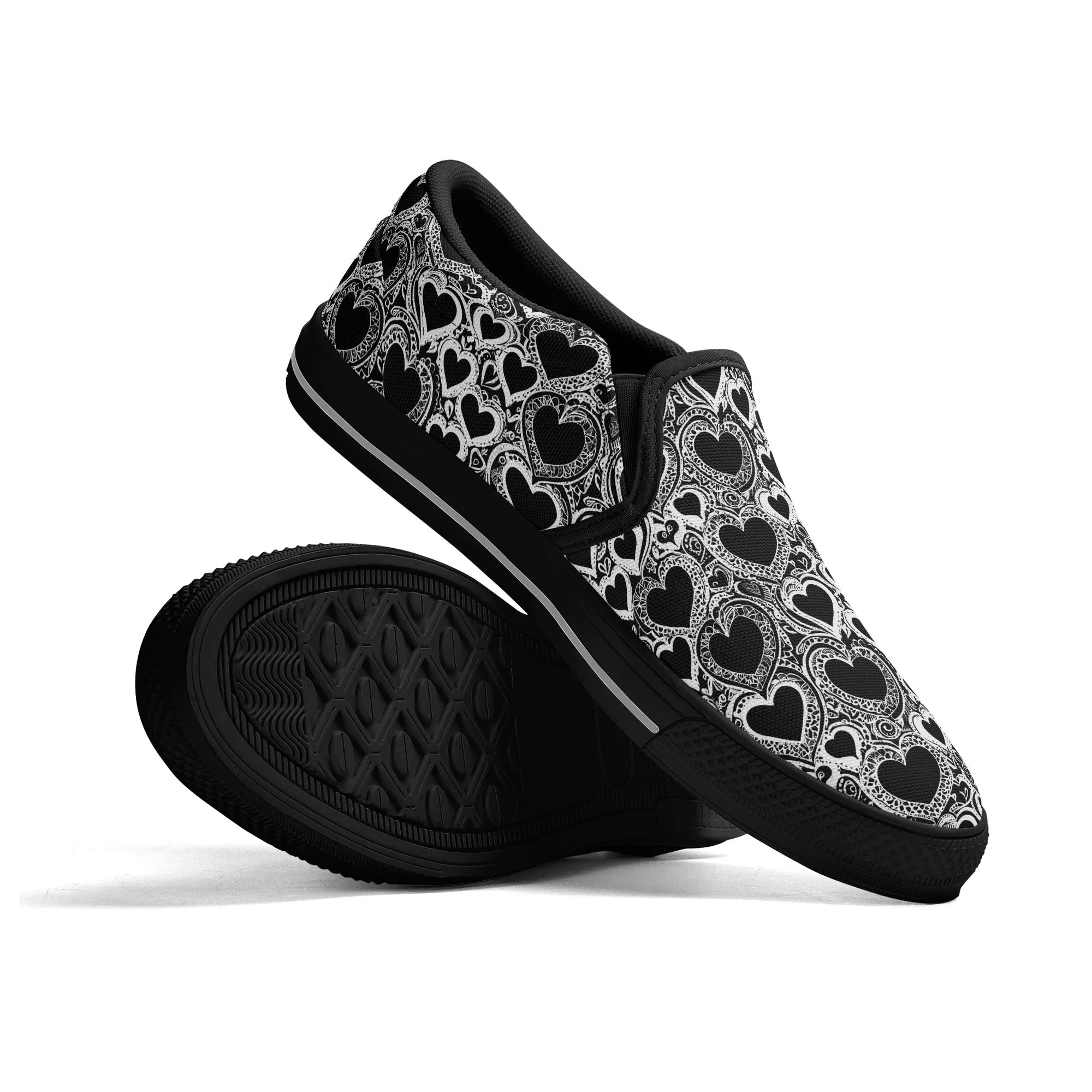 Womens Black and White Groovy Hearts Rubber Slip On Shoes