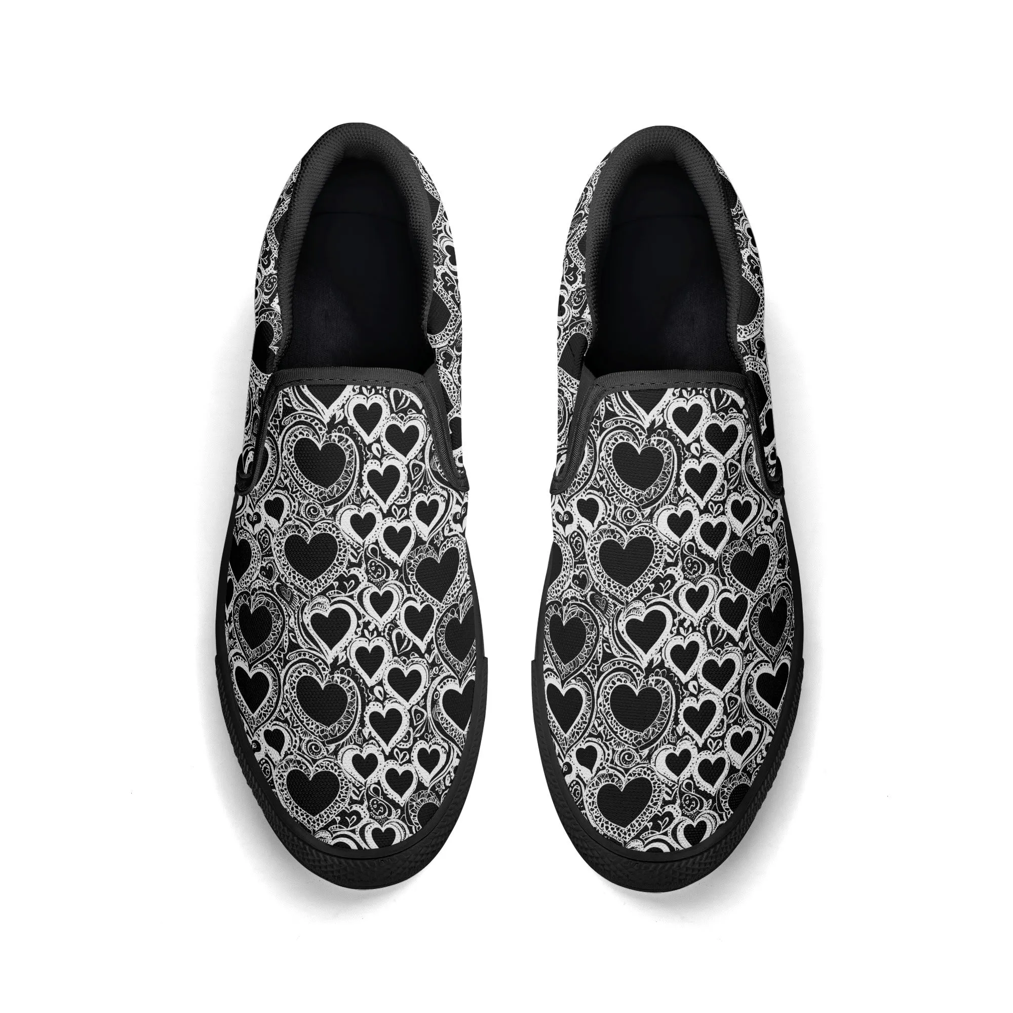 Womens Black and White Groovy Hearts Rubber Slip On Shoes