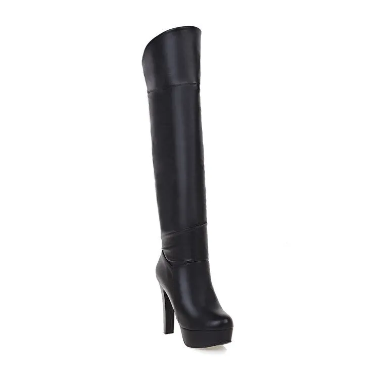 Women's Folded Block Chunky Heel Platform Knee High Boots