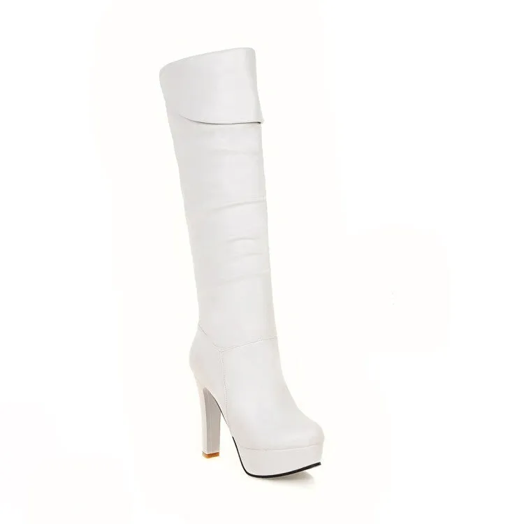 Women's Folded Block Chunky Heel Platform Knee High Boots