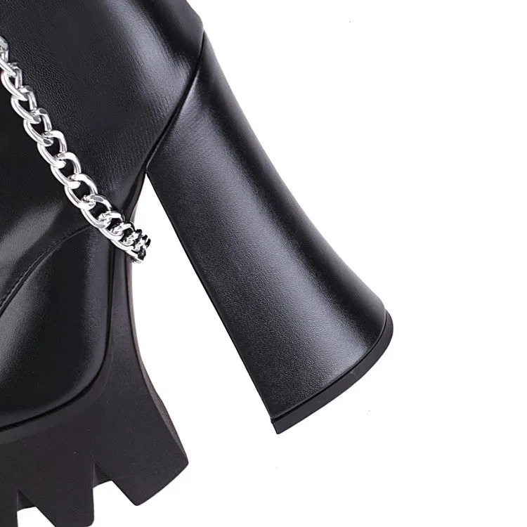 Women's Pu Leather Lace Up Belts Metal Chains Chunky Heel Platform Knee High Boots