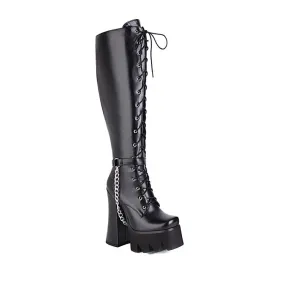 Women's Pu Leather Lace Up Belts Metal Chains Chunky Heel Platform Knee High Boots