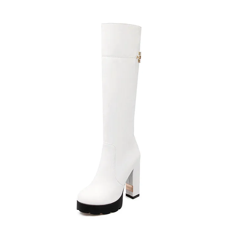 Women's Round Toe Side Zippers Chunky Heel Platform Knee-High Boots