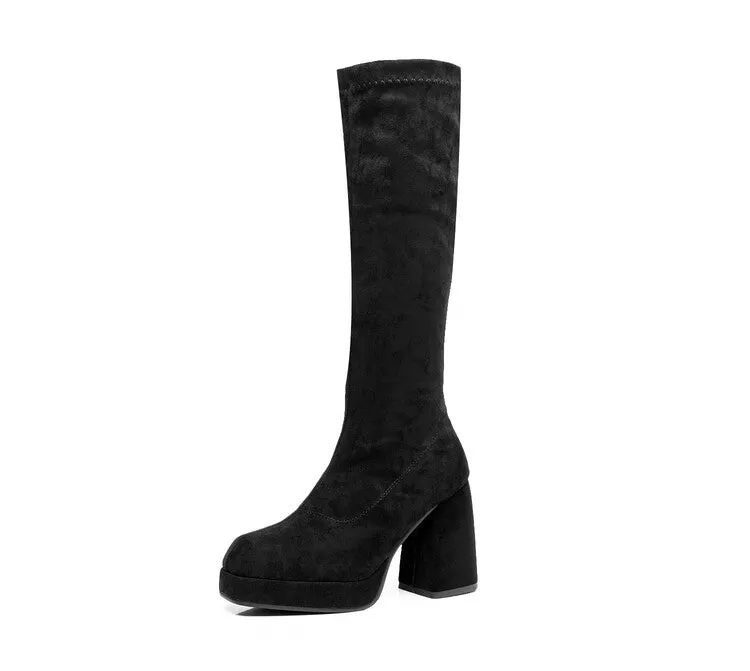 Women's
 Square Toe Over Knee Block Chunky Heel Platform Knee High Boots